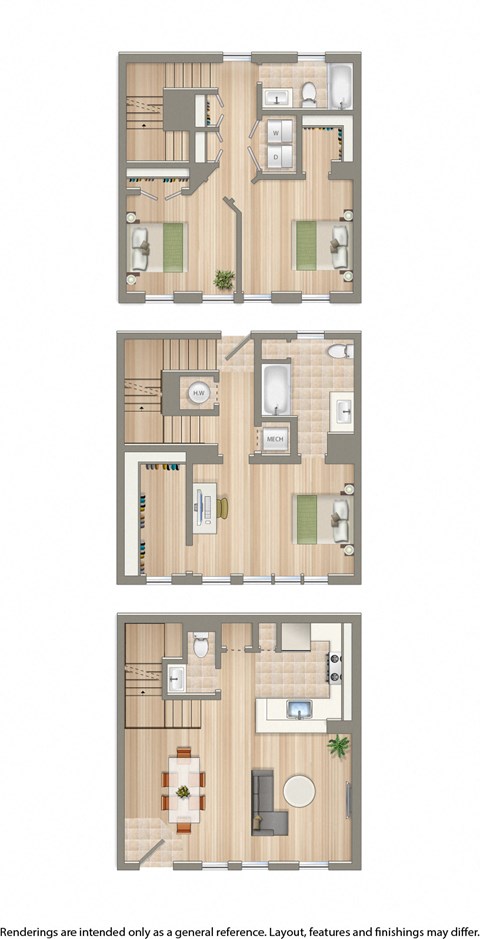 sheridan station south three bedroom townhome floor plan rendering